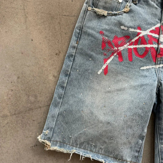 Jorts Rhinestone Y2K Graffiti Denim Shorts