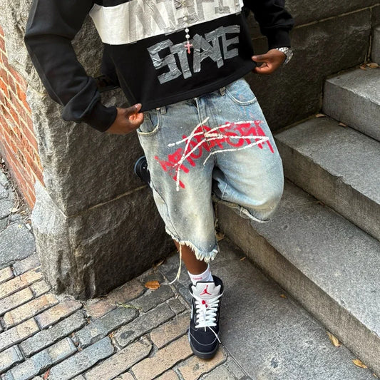 Jorts Rhinestone Y2K Graffiti Denim Shorts