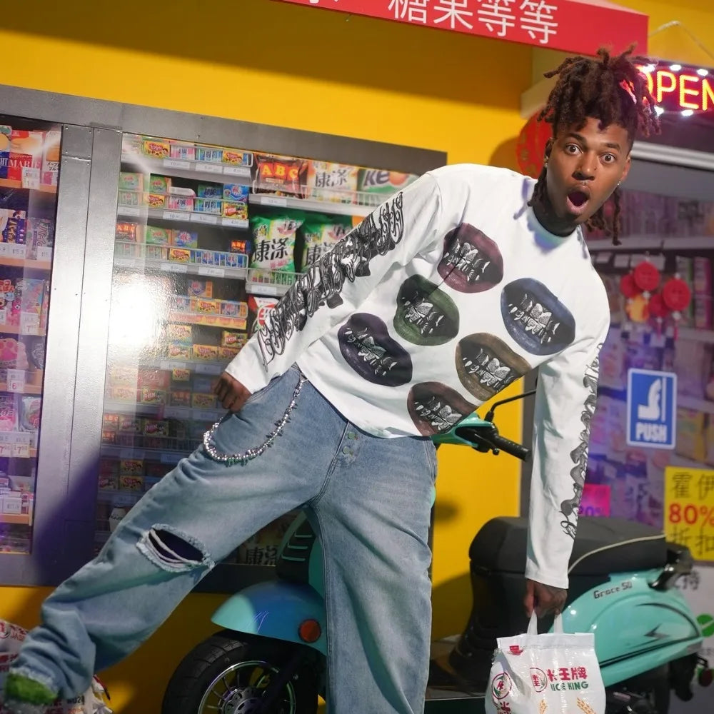 Long Sleeve Teeth Printed Shirt