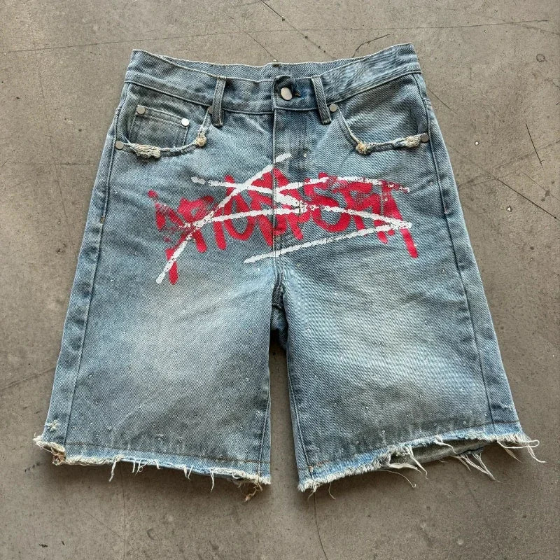 Jorts Rhinestone Y2K Graffiti Denim Shorts