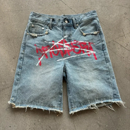 Jorts Rhinestone Y2K Graffiti Denim Shorts