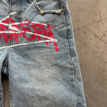 Jorts Rhinestone Y2K Graffiti Denim Shorts